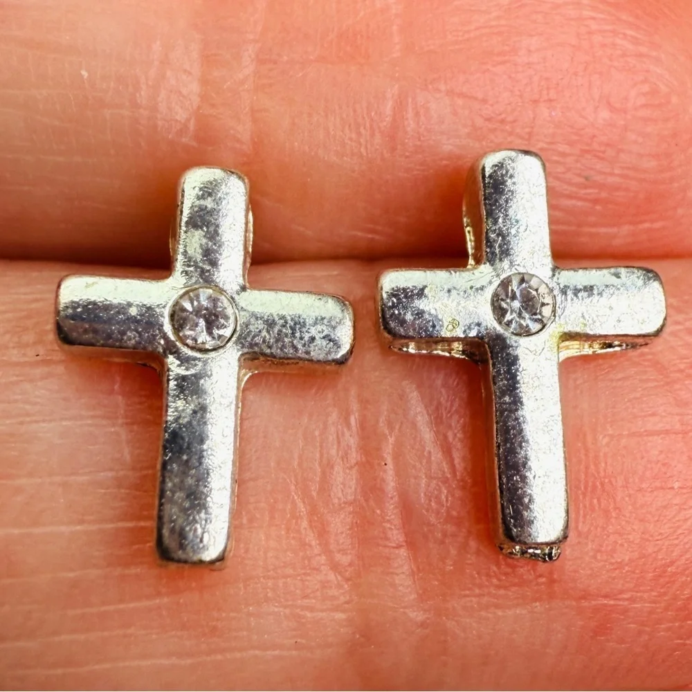 Silvertone Cross Post Pierced Earrings with Crystal Accent